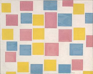 A minimalist painting of numerous pastel-coloured rectangles