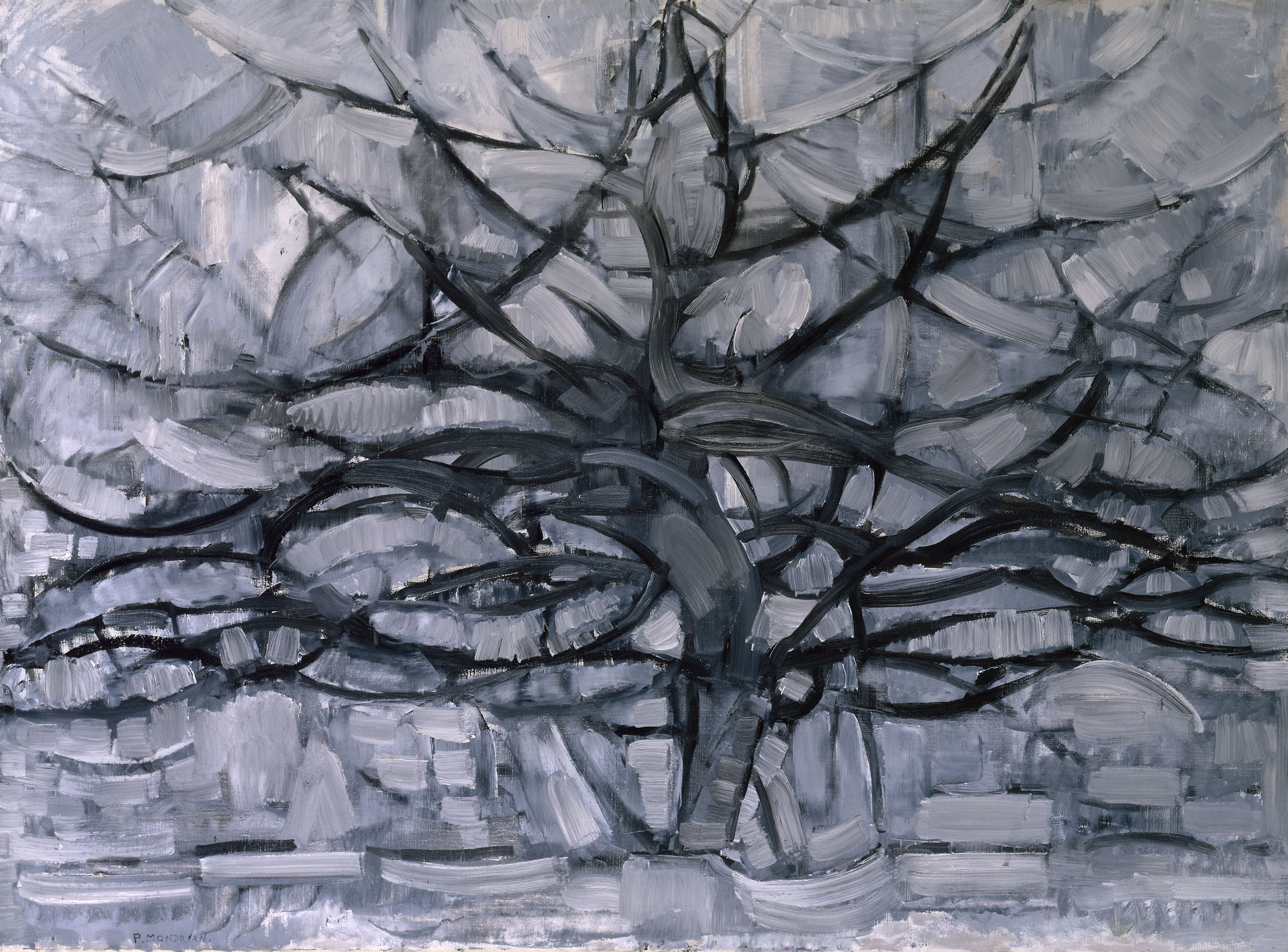A cubist oil painting of a tree without leaves