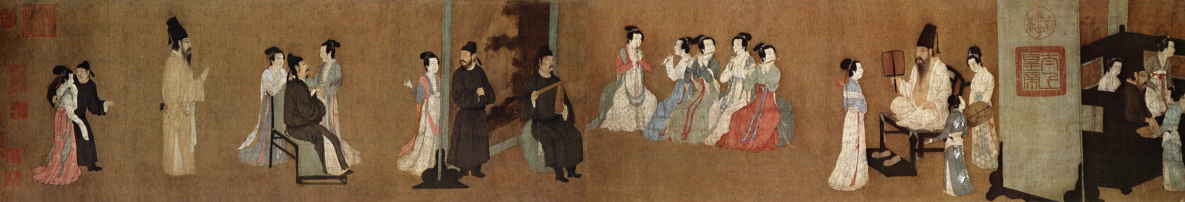 A panoramic painting depicting various figures engaged in various leisure activities