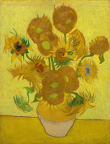 An oil painting of sunflowers in a vase by Vincent van Gogh, the "repetition" of the 4th version in the series titled "Sunflowers", painted in Arles